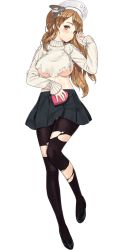Rule 34 | 1girl, alternate costume, black footwear, black pantyhose, black skirt, blush, box, brown eyes, full body, gift, gift box, heart-shaped box, jiji (aardvark), kantai collection, light brown hair, littorio (kancolle), long hair, long sleeves, no bra, official art, pantyhose, parted lips, pleated skirt, skirt, solo, sweater, torn clothes, torn pantyhose, torn sweater, transparent background, white background, white sweater