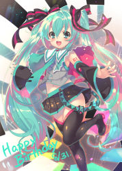 Rule 34 | 1girl, :d, aqua eyes, aqua hair, aqua nails, aqua necktie, black footwear, black skirt, black thighhighs, boots, caped, dated, detached sleeves, fingernails, hair ribbon, happy birthday, hatsune miku, long hair, looking at viewer, mayusaki yuu, midriff, nail polish, navel, necktie, open mouth, ribbon, skirt, smile, solo, standing, standing on one leg, thigh boots, thighhighs, twintails, very long hair, vocaloid, wide sleeves, zettai ryouiki