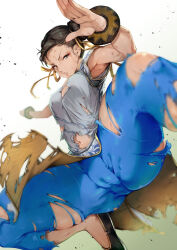 Rule 34 | 1girl, black eyes, black hair, bracelet, breasts, cameltoe, capcom, chinese clothes, chun-li, cleft of venus, highres, jewelry, medium breasts, navel, pants, slippers, solo, street fighter, street fighter 6, torn clothes, yoga pants