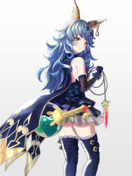 Rule 34 | 1girl, animal ears, backless outfit, bare shoulders, blue cape, blue dress, blue hair, blue thighhighs, blush, boots, cape, commentary request, curly hair, dress, earrings, elbow gloves, erune, feather-trimmed gloves, ferry (granblue fantasy), from behind, gloves, granblue fantasy, hair ornament, hairclip, highres, hikachuu6, holding, holding whip, jewelry, layered dress, long hair, looking at viewer, looking back, pleated dress, simple background, single earring, smile, solo, thigh boots, thighhighs, x hair ornament, yellow eyes
