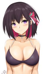 Rule 34 | 1girl, alternate breast size, alternate costume, arcie albano, artist name, azki (hololive), bikini, blush, breasts, brown hair, choker, cleavage, closed mouth, collarbone, hair between eyes, highres, hololive, large breasts, looking at viewer, multicolored hair, pink hair, purple bikini, purple eyes, signature, smile, solo, swimsuit, underwear, virtual youtuber