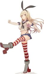 Rule 34 | 10s, 1girl, anchor hair ornament, black panties, blonde hair, blue eyes, breasts, clenched hands, crop top, crop top overhang, elbow gloves, full body, gloves, hair ornament, hair ribbon, high heels, highleg, highleg panties, kantai collection, km yama, long hair, microskirt, midriff, navel, neckerchief, panties, ribbon, sailor collar, shimakaze (kancolle), skirt, small breasts, solo, standing, striped clothes, striped thighhighs, thighhighs, underwear, walking, white background