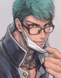 Rule 34 | 1boy, aqua hair, bad id, bad pixiv id, bead necklace, beads, black jacket, cafemoka-septro, closed mouth, eyeshadow, facial scar, glasses, high collar, highres, jacket, jewelry, looking at viewer, makeup, male focus, mask, mask pull, mouth mask, necklace, pulling own clothes, red eyes, scar, scar on cheek, scar on face, short hair, solo, touken ranbu, yamabushi kunihiro