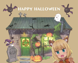 Rule 34 | 1girl, :3, animal ear fluff, animal ears, aqua eyes, bat wings, bird, blonde hair, blunt bangs, bow, brown background, bug, chimney, claw pose, commentary request, crack, crow, door, fang, ghost, gochuumon wa usagi desu ka?, halloween, happy halloween, hat, house, jack-o&#039;-lantern, kirima syaro, lantern, looking at viewer, mohei, open mouth, overgrown, purple hat, rabbit, red bow, scar, short hair, silk, simple background, solo, spider, spider web, thatched roof, tombstone, wavy hair, wild geese, window, wings, witch hat, wolf ears, wreath