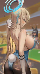 Rule 34 | 1girl, absurdres, animal ears, arm at side, ass, asuna (blue archive), asuna (bunny) (blue archive), back, backless leotard, bare shoulders, blonde hair, blue archive, blue eyes, blue leotard, blue ribbon, blurry, blurry background, blush, bow, bowtie, breasts, brown pantyhose, casino, casino card table, commentary, cowboy shot, dark-skinned female, dark skin, depth of field, dong ji, fake animal ears, fake tail, from behind, gloves, hair ribbon, hairband, halo, hand up, highres, indoors, karin (blue archive), karin (bunny) (blue archive), large breasts, leotard, long hair, looking away, official alternate costume, pantyhose, playboy bunny, profile, rabbit ears, rabbit tail, ribbon, sideboob, solo focus, standing, strapless, strapless leotard, table, tail, torn clothes, torn legwear, traditional bowtie, very long hair, white gloves, white hairband