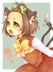 Rule 34 | !, 1girl, alternate hairstyle, animal ears, cat ears, cat girl, cat tail, chen, drooling, earrings, female focus, forehead, hat, jewelry, mata, multiple tails, ribbon, short hair, solo, tail, topknot, touhou