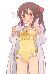 Rule 34 | 1girl, black hair, blush, breasts, brown eyes, choker, coat, commentary, cosplay, dot nose, frilled one-piece swimsuit, frills, hair between eyes, hair ornament, hairclip, heart, highres, kyarahiba, lab coat, long sleeves, medium breasts, multicolored hair, one-piece swimsuit, onii-chan wa oshimai!, open clothes, open coat, open mouth, oyama mahiro, oyama mahiro (cosplay), oyama mihari, pink choker, purple hair, simple background, solo, sweatdrop, swimsuit, swimsuit under clothes, twintails, two-tone hair, white background, yellow one-piece swimsuit