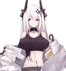 Rule 34 | 1girl, arknights, black collar, black tank top, breasts, buran (kure), collar, crop top, highres, horns, infection monitor (arknights), large breasts, long hair, looking to the side, material growth, midriff, mudrock (arknights), mudrock (elite ii) (arknights), navel, off shoulder, oripathy lesion (arknights), pointy ears, red eyes, solo, tank top, white background