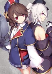 Rule 34 | 2girls, azur lane, back-to-back, bare shoulders, beret, black jacket, black ribbon, black shirt, blue headwear, blue jacket, braid, brown hair, buttons, closed mouth, collared jacket, commentary request, cowboy shot, cross, gloves, grey background, hair between eyes, hand up, hat, highres, holding, holding turret, iron cross, jacket, long sleeves, looking at another, looking to the side, marshall k, multiple girls, neck ribbon, off-shoulder jacket, off shoulder, one side up, ponytail, purple eyes, red eyes, retrofit (azur lane), ribbon, shirt, short braid, short hair, sidelocks, simple background, sleeveless, sleeveless shirt, smile, standing, striped clothes, striped headwear, swept bangs, turret, twin braids, two-tone gloves, white gloves, white hair, white shirt, z1 leberecht maass (azur lane), z2 georg thiele (azur lane)
