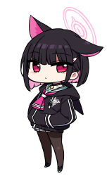 Rule 34 | 1girl, animal ears, black choker, black hair, black jacket, black pantyhose, blue archive, chan co, chibi, choker, closed mouth, full body, hair ornament, hairclip, halo, hands in pockets, jacket, kazusa (blue archive), long sleeves, miniskirt, pantyhose, pink hair, pleated skirt, short hair, simple background, skirt, solo, standing, track jacket, white background