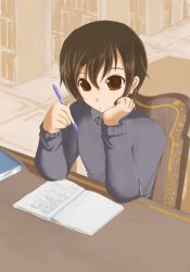 Rule 34 | 00s, 1girl, androgynous, book, brown eyes, brown hair, fujioka haruhi, highres, library, ouran high school host club, pencil, reverse trap, short hair, solo, sweater
