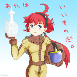 Rule 34 | 1girl, ahoge, april fools, blue background, blue eyes, breasts, commentary request, cosplay, gradient background, gundam, gundam suisei no majo, hairband, helmet, holding, holding helmet, holding vase, long hair, m&#039;quve, m&#039;quve (cosplay), mirzanes, mobile suit gundam, pilot suit, ponytail, red hair, small breasts, smile, solo, suletta mercury, translation request, vase, white background