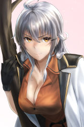Rule 34 | black gloves, blush, breasts, brown eyes, cleavage, collared shirt, facial scar, gangut (kancolle), gangut dva (kancolle), gloves, grey hair, hair between eyes, hair ornament, hairclip, highres, jacket, jacket on shoulders, kantai collection, kokuzou, long hair, long sleeves, red shirt, scar, scar on cheek, scar on face, shirt, smile, solo, tree, upper body