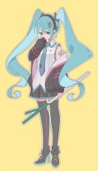 Rule 34 | 1girl, absurdres, arm tattoo, blue eyes, blue hair, dress, female focus, food, full body, hand in mouth, hatsune miku, headphones, highres, holding, holding food, holding spring onion, holding vegetable, jacket, long hair, looking down, necktie, open clothes, open jacket, orange background, shirt, shoes, short dress, simple background, sleeveless, solo, spring onion, standing, tattoo, twintails, vegetable, vocaloid, yukihira makoto