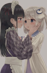 Rule 34 | 2girls, animal ears, apron, bear ears, black hair, blue eyes, blue sailor collar, commentary request, dress, eye contact, frilled apron, frills, grey background, grey hair, hand on another&#039;s face, highres, imminent kiss, japanese clothes, kimono, long sleeves, looking at another, maid, maid headdress, mimikaki (men bow), multiple girls, original, pleated skirt, print kimono, profile, purple skirt, sailor collar, sailor dress, simple background, skirt, two side up, wa maid, white apron, white dress, wide sleeves, yagasuri, yuri