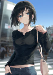 Rule 34 | 1girl, bag, black hair, black pants, black shirt, blue eyes, blurry, blurry background, breasts, closed mouth, collarbone, commentary, cowboy shot, crowd, denim, earrings, hair ornament, hairclip, hand up, handbag, highres, jewelry, large breasts, long sleeves, looking at viewer, necklace, original, pants, r o ha, shirt, short hair, shoulder bag, solo focus