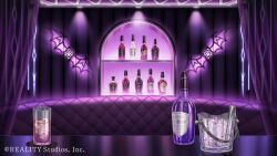 Rule 34 | alcohol, azuma hatori, bat wings, bottle, ceiling light, copyright notice, couch, cup, curtains, drinking glass, first stage production, ice, ice bucket, ice cube, indoors, no humans, official art, purple theme, scenery, shelf, table, tongs, wings, zander netherbrand