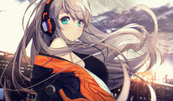 Rule 34 | 1girl, :&lt;, aqua eyes, bare shoulders, blurry, blurry foreground, blush, breasts, bridge, closed mouth, cloud, cloudy sky, commentary request, day, depth of field, floating hair, from side, headphones, highres, jacket, large breasts, long hair, looking at viewer, looking to the side, mixed-language commentary, multicolored clothes, multicolored jacket, off shoulder, open clothes, open jacket, original, outdoors, silver hair, sky, solo, swept bangs, two-tone jacket, untue, upper body, very long hair, wind