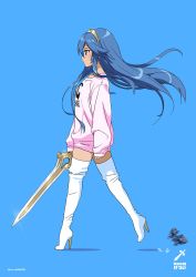 Rule 34 | 1girl, blue background, blue eyes, blue hair, boots, choker, clothes writing, commentary, dress, english commentary, fire emblem, fire emblem awakening, full body, high heel boots, high heels, highres, long hair, long sleeves, lucina (fire emblem), mask, unworn mask, motion blur, nintendo, pink dress, pink sweater, profile, rpofile, simple background, sleeves past wrists, solo, super smash bros., sweater, sweater dress, thigh boots, thighhighs, tiara, tom skender, twitter username, very long hair, walking, white choker, white footwear, zettai ryouiki