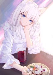 Rule 34 | 1girl, :3, absurdres, animal ear fluff, animal ears, blue eyes, blue nails, blunt bangs, cat ears, closed mouth, commentary, cup, dress, drink, drinking glass, eyeball, hair ornament, hairclip, hand on own cheek, hand on own face, head rest, head tilt, highres, holding, holding spoon, leria v, long hair, long sleeves, looking at viewer, nail polish, original, plate, silver hair, smile, solo, spoon, table, upper body, white dress, x hair ornament