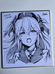 Rule 34 | 1girl, :o, admiral hipper (azur lane), azur lane, blush, choker, collarbone, commentary, copyright name, cropped torso, cross, hair between eyes, half-closed eyes, hatching (texture), headgear, highres, horosuke, iron cross, linear hatching, long hair, looking at viewer, monochrome, open mouth, photo (medium), portrait, shikishi, signature, solo, split mouth, traditional media, tsundere, two side up, v-shaped eyebrows, white background