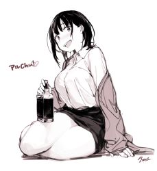 Rule 34 | 1girl, :d, artist name, aruchu!, bottle, breasts, cardigan, copyright name, dress shirt, fuyuno kamome, greyscale, heart, highres, large breasts, long sleeves, looking at viewer, monochrome, office lady, open cardigan, open clothes, open mouth, pencil skirt, shirt, short hair, sidelocks, signature, simple background, sitting, skirt, smile, solo, tareme, thighs, yokozuwari