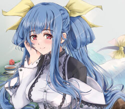 Rule 34 | 1girl, angel wings, arm support, asymmetrical wings, blue hair, blush, breasts, closed mouth, commentary request, cup, dizzy (guilty gear), dress, flower, guilty gear, guilty gear xrd, hair ribbon, hair rings, hand on own face, highres, large breasts, light rays, long hair, looking at viewer, maid, mature female, mother&#039;s day, nt50, off-shoulder dress, off shoulder, plate, red eyes, ribbon, rose, sidelocks, smile, solo, sunbeam, sunlight, tail, tail ornament, tail ribbon, tea, teacup, twintails, wings, yellow ribbon