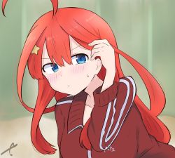 Rule 34 | 1girl, ahoge, arm up, blue eyes, blurry, blurry background, blush, brown jacket, closed mouth, commentary request, curtains, depth of field, eyebrows hidden by hair, go-toubun no hanayome, hair between eyes, hair ornament, tucking hair, hand up, highres, jacket, kujou karasuma, long hair, long sleeves, looking at viewer, nakano itsuki, red hair, signature, solo, star (symbol), star hair ornament, sweat, track jacket, upper body, very long hair