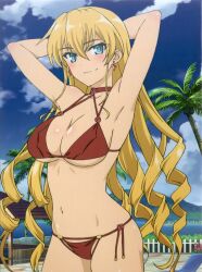Rule 34 | 1girl, alternate hairstyle, armpits, arms behind head, bikini, blonde hair, blush, breasts, claire harvey, cleavage, drill hair, highres, hundred (light novel), large breasts, legs, long hair, looking at viewer, navel, official art, red bikini, seductive smile, smile, swimsuit, thighs, very long hair