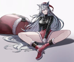 Rule 34 | 1girl, alternate costume, animal ear fluff, animal ears, arknights, bag, black jacket, boots, breasts, christmas, covering crotch, covering privates, cropped jacket, fkskii65, full body, fur-trimmed boots, fur-trimmed headwear, fur-trimmed skirt, fur trim, gloves, grey eyes, hair ornament, hairclip, hat, high-waist skirt, high heel boots, high heels, highres, jacket, knee boots, lappland (arknights), large breasts, long hair, long sleeves, looking at viewer, parted lips, red footwear, red hat, red skirt, santa hat, silver hair, simple background, sitting, skirt, smile, solo, spread legs, thighs, v-shaped eyebrows, very long hair, white background, white gloves, wolf ears