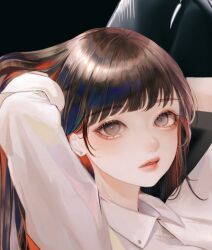 Rule 34 | 1girl, black background, black eyes, black hair, collared shirt, colored inner hair, hair behind ear, hand in own hair, highres, kevin bayashi, looking at viewer, multicolored hair, original, parted lips, pink lips, portrait, red hair, shirt, solo, white shirt