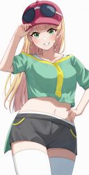 Rule 34 | 1girl, absurdres, aftamc, arm up, artist request, baseball cap, black shorts, blonde hair, blunt bangs, blush, cowboy shot, crop top, eyewear on headwear, female focus, green eyes, grin, hand on headwear, hand on own hip, hat, heanna sumire, highres, long hair, looking at viewer, love live!, love live! superstar!!, midriff, navel, red hat, short shorts, shorts, simple background, smile, solo, standing, sunglasses, thighhighs, white background, white thighhighs