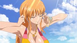 Rule 34 | animated, animated gif, bikini, breasts, cleavage, closed eyes, large breasts, long hair, nami (one piece), one piece, one piece special: glorious island, orange hair, swimsuit