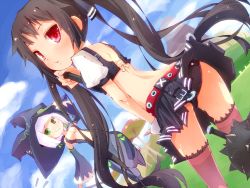 Rule 34 | 2girls, ass, back, belt, black hair, breasts, cadie, cleavage, detached sleeves, dutch angle, green eyes, hat, hato haru, kooh, looking back, mace, multiple girls, pangya, panties, pink eyes, skirt, small breasts, thighhighs, twintails, underwear, weapon, white hair, witch hat