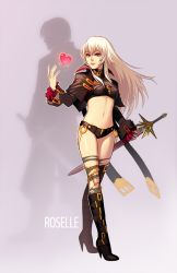 Rule 34 | 1girl, airuko, boots, chain, coat, frantz kruger, heart, high heels, knee boots, lips, long hair, midriff, navel, pink eyes, roselle vergerius, rusty hearts, shoes, silhouette, smile, solo, standing, sword, weapon, white hair