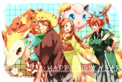 Rule 34 | 00s, 10s, 1girl, 2014, 2boys, alternate costume, anger vein, bad id, bad pixiv id, blue oak, brown hair, bulbasaur, charmander, creatures (company), fiery tail, flame-tipped tail, flower, game freak, gen 1 pokemon, hair flower, hair ornament, happy, happy new year, holding, holding poke ball, japanese clothes, jigglypuff, kimono, leaf (pokemon), long hair, multiple boys, naru (andante), new year, nintendo, obi, paddle, pikachu, poke ball, pokemon, pokemon (creature), pokemon frlg, ponyta, red (pokemon), red (pokemon frlg), sash, short hair, sleeves rolled up, squirtle, starter pokemon trio, tail, wide sleeves