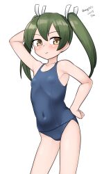 Rule 34 | 1girl, absurdres, blue one-piece swimsuit, breasts, brother and sister, covered navel, feet out of frame, green hair, hair ribbon, highres, kantai collection, long hair, maru (marg0613), old school swimsuit, one-hour drawing challenge, one-piece swimsuit, ribbon, school swimsuit, siblings, simple background, small breasts, solo, standing, swimsuit, twintails, white background, zuikaku (kancolle)