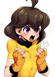 Rule 34 | 1girl, ^^^, ahoge, arms (game), blush, bodysuit, brown hair, covered collarbone, gloves, hair between eyes, mechanica (arms), nekobayashi (nekoforest), open mouth, purple eyes, short hair, simple background, skin tight, solo, v-shaped eyebrows, white background, wide-eyed
