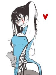 Rule 34 | 1girl, arm up, armpits, black hair, chainsaw man, china dress, chinese clothes, dress, highres, needbee r, scar, scar on face, sketch, solo, white background, yoru (chainsaw man)