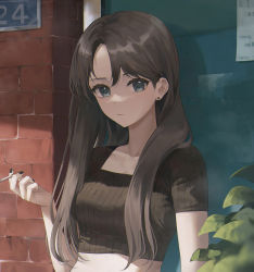 Rule 34 | 1girl, black hair, black shirt, blue eyes, breasts, cigarette, closed mouth, collarbone, crop top, dotz, earrings, expressionless, hand up, highres, holding, holding cigarette, jewelry, long hair, looking at viewer, medium breasts, midriff, nail polish, original, parted bangs, ribbed shirt, shirt, short sleeves, smoking, solo, stud earrings, upper body