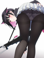 Rule 34 | 1girl, alternate weapon, animal ears, ass, bent over, black hair, black pantyhose, blue archive, bren lmg, colored inner hair, ears down, extra ears, feet out of frame, from behind, grey panties, highres, kazusa (blue archive), light machine gun, long sleeves, looking at viewer, looking back, menbou (menbow3v), miniskirt, multicolored hair, panties, panties under pantyhose, pantyhose, parted lips, pink hair, pleated skirt, red eyes, short hair, simple background, skirt, sleeves past wrists, solo, standing, thighband pantyhose, two-tone hair, underwear, weapon, white background, white skirt