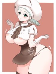 Rule 34 | 1girl, apron, areola slip, beret, blush, breasts, buttons, chef, creatures (company), curvy, game freak, gloves, green eyes, green hair, hat, heart, highres, holding, katy (pokemon), large breasts, looking at viewer, mole, mole on cheek, nintendo, plump, pokemon, pokemon sv, puffy short sleeves, puffy sleeves, risapaso, short sleeves, skirt, smile, solo, thighs, underboob, white gloves, white hat