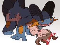 Rule 34 | 1boy, 1girl, absurdres, all fours, barefoot, blush, blush stickers, bracelet, breasts, breath, brown hair, closed eyes, collarbone, colored sclera, creatures (company), cum, cum in pussy, erection, game freak, gen 3 pokemon, grey background, hairband, half-closed eyes, hetero, highres, interspecies, jewelry, looking at another, looking down, lying, may (pokemon), nintendo, nipples, nude, on back, open mouth, orange sclera, penis, pokemon, pokemon (creature), pokemon oras, pokephilia, red hairband, semi kon, sex, simple background, small breasts, swampert, sweat, white eyes