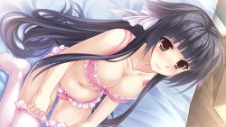 Rule 34 | 1girl, bed sheet, black hair, blush, bow, bow panties, bra, breasts, cleavage, collarbone, dutch angle, frilled bra, frilled panties, frilled thighhighs, frills, from above, fusehime (tsukumo no kanade), hair bow, highres, lace, lace-trimmed legwear, lace trim, long hair, navel, panties, pink bra, pink panties, pink thighhighs, red eyes, saeki hokuto, sitting, solo, thighhighs, tsukumo no kanade, underwear, underwear only, very long hair, white thighhighs