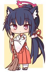 Rule 34 | 1girl, animal ear fluff, animal ears, black footwear, black hair, blue archive, blush, broom, brown background, chibi, closed mouth, commentary request, full body, hakama, hakama skirt, halo, hana kazari, highres, holding, holding broom, japanese clothes, kimono, long hair, looking at viewer, miko, pantyhose, ponytail, purple eyes, red hakama, sandals, serika (blue archive), serika (new year) (blue archive), skirt, solo, standing, two-tone background, very long hair, white background, white kimono, white pantyhose, zouri