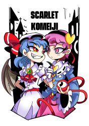 Rule 34 | 2girls, bat wings, blue hair, bow, bowtie, brooch, dress, english text, gloves, hair ornament, hat, headband, heart, heart hair ornament, highres, jewelry, komeiji satori, looking at another, mob cap, multiple girls, peargor, pink hair, red eyes, remilia scarlet, short hair, simple background, smile, talons, third eye, touhou, vampire, wings, yellow eyes