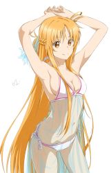 Rule 34 | 1girl, adapted costume, armpits, arms up, asuna (sao), asuna (stacia), bare shoulders, bikini, bracelet, braid, breasts, cleavage, hair ornament, halterneck, highres, jewelry, looking at viewer, medium breasts, mitsugu, parted bangs, see-through, side-tie bikini bottom, signature, simple background, smile, solo, string bikini, swimsuit, sword art online, sword art online: alicization, thighs, white background