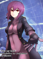 Rule 34 | 1girl, :d, arm at side, artist name, black gloves, black jacket, bodysuit, breasts, buttons, chromatic aberration, collarbone, covered navel, cowboy shot, english text, fingerless gloves, ghost in the shell, gloves, grin, holographic interface, jacket, kusanagi motoko, large breasts, lips, long sleeves, onigensou, open clothes, open hand, open jacket, open mouth, purple bodysuit, purple hair, red eyes, short hair, skin tight, smile, solo, spread fingers, standing, teeth, text focus, unbuttoned