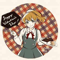 Rule 34 | 1girl, akagi shun, blonde hair, blush, cake, closed mouth, collared shirt, commentary, dated, english commentary, english text, food, fork, green eyes, green skirt, green vest, hand up, head tilt, holding, holding food, long sleeves, looking at viewer, neck ribbon, original, pleated skirt, ponytail, red ribbon, ribbon, shirt, signature, skirt, smile, solo, speech bubble, valentine, vest, white shirt, wing collar