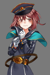 Rule 34 | 10s, 1girl, alternate costume, belt, blush, brown eyes, brown hair, buttons, dress, gloves, hands up, hat, kantai collection, long sleeves, military hat, ruisento, sailor collar, sailor dress, short hair, solo, white gloves, z3 max schultz (kancolle)